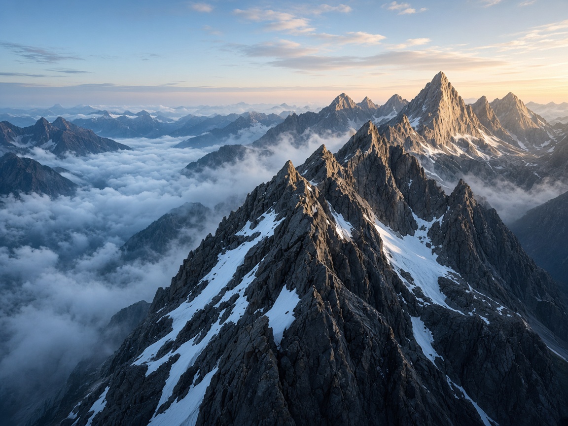 Mountain ridge above a sea of clouds at sunrise