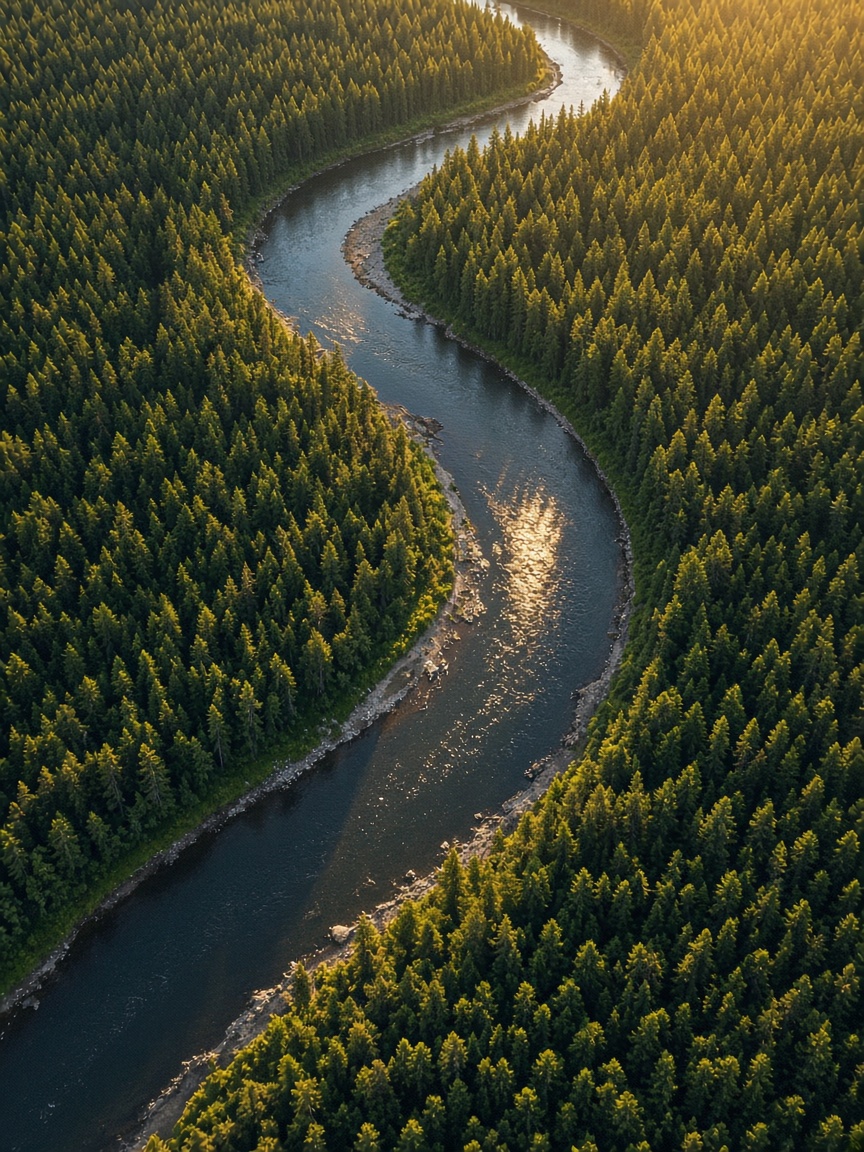 Top-down aerial view of a river winding through a pine forest