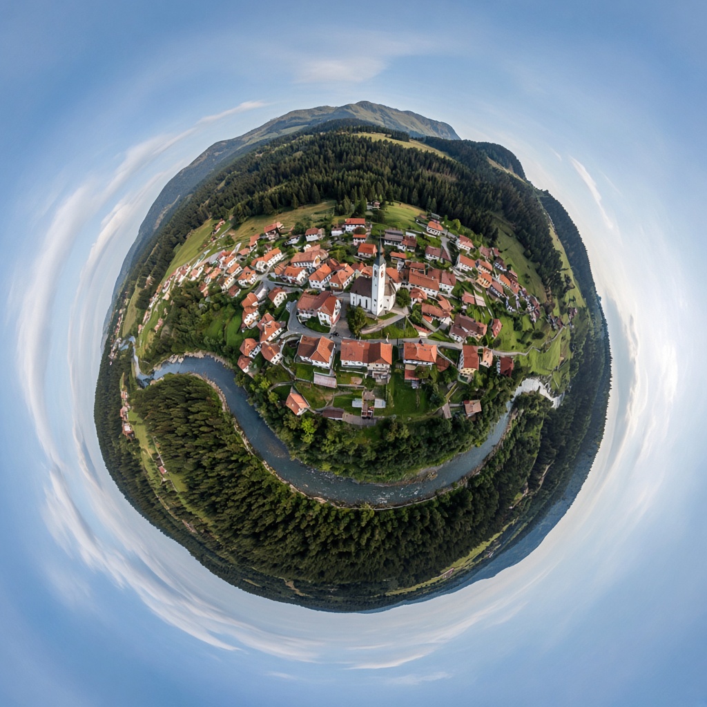 Village and river rendered as a spherical tiny-planet view
